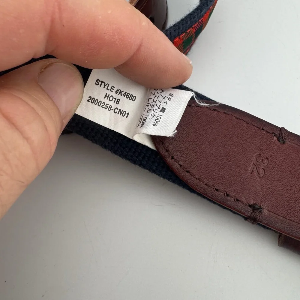 J.Crew Mens 32 Navy Blue Red Tartan Plaid Leather Canvas Belt K4680